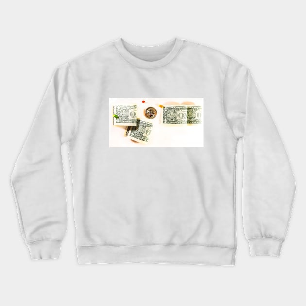 Bitcoin coin and money dollars. Concept of mining business, wealth, miner, success Crewneck Sweatshirt by grafinya